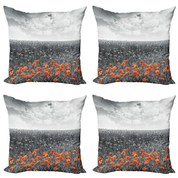 Ambesonne Poppy Flower Throw Pillow Cover 4 Pack, Field Greyscale Design, 18", Orange and Grey