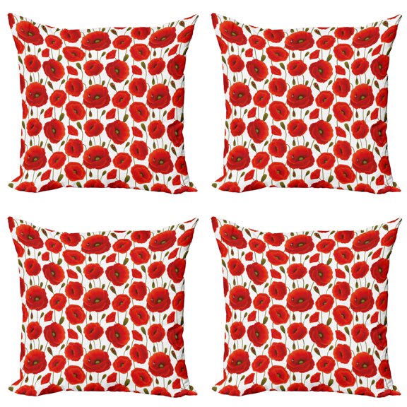 Ambesonne Poppy Flower Throw Pillow Cover 4 Pack, Floral Blossom Spring, 18", Orange Olive Green White