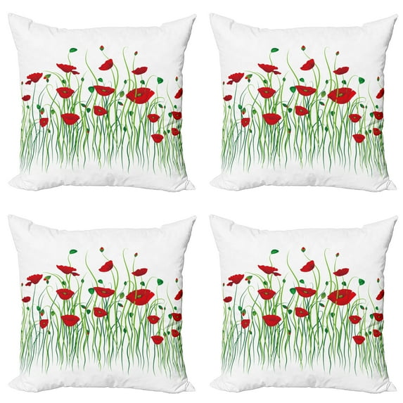Ambesonne Poppy Flower Throw Pillow Cover 4 Pack, Flowers Rural Field, 16", Scarlet Green White