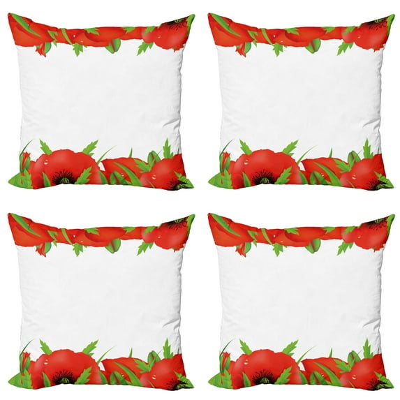 Ambesonne Poppy Flower Throw Pillow Cover 4 Pack, Perennial Plant, 24", Vermilion Green White