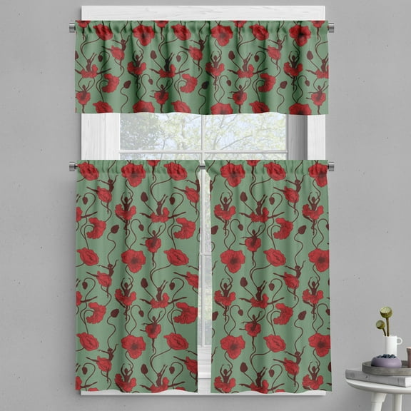 Ambesonne Poppy Flower Valance & Curtain, Ballerina Style Twigs, 55"x30", Green Chestnut Brown Red