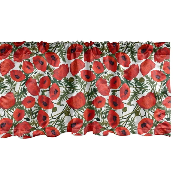 Ambesonne Poppy Flower Window Valance, Garden Foliage Botany, 42" x 12", White Green Red