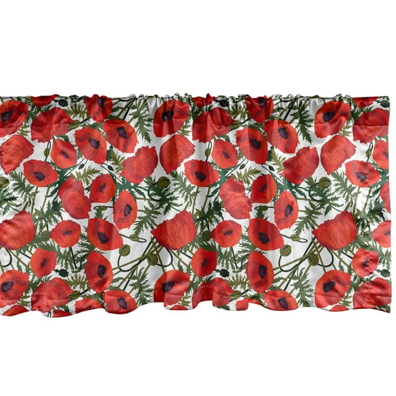 Ambesonne Poppy Flower Window Valance, Garden Foliage Botany, 42" x 18", White Green Red