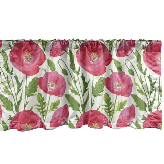 Ambesonne Poppy Flower Window Valance, Leaves Petals Romance, 42" x 12", Green Pink Cream