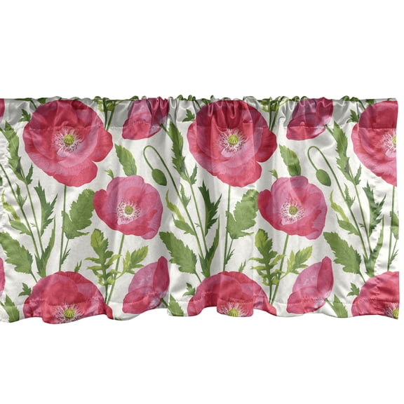 Ambesonne Poppy Flower Window Valance, Leaves Petals Romance, 42" x 12", Green Pink Cream