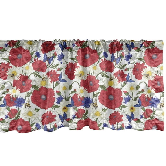 Ambesonne Poppy Flower Window Valance, Summer Bees Flowers, 54" X 12", Multicolor