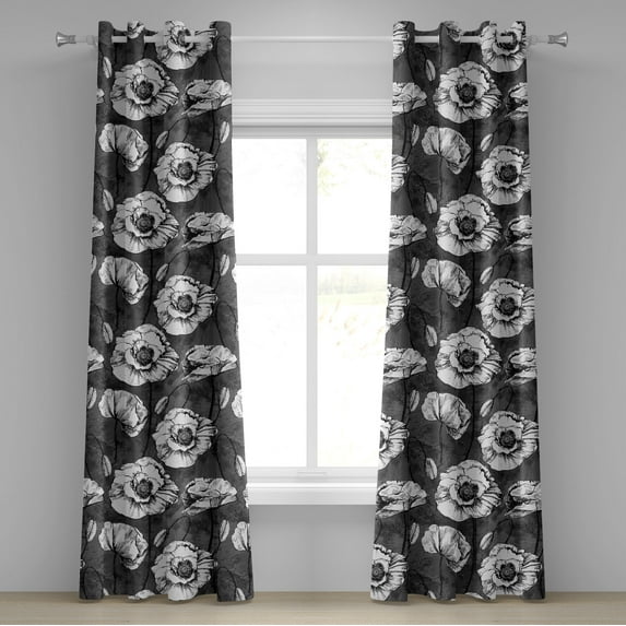 Ambesonne Poppy Grommet Curtain, Blossoming Vintage Poppies, 50"x96", Grey Black White