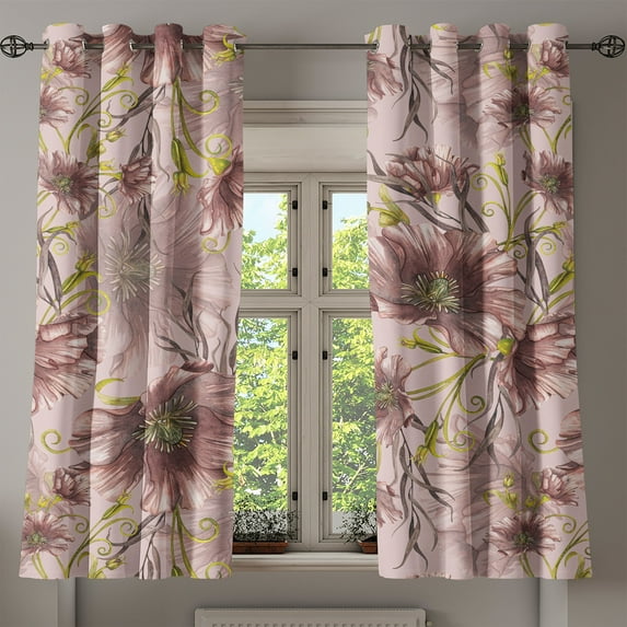 Ambesonne Poppy Grommet Curtain, Garden Themed Vintage Floral, 50"x60", Blush Yellow Green