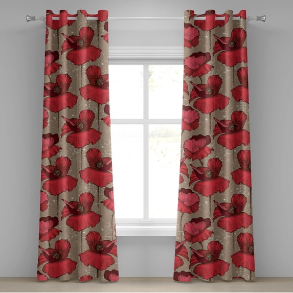 Ambesonne Poppy Grommet Curtain, Retro Garden Blooming Floral, 50"x108", Dark Coral and Tan