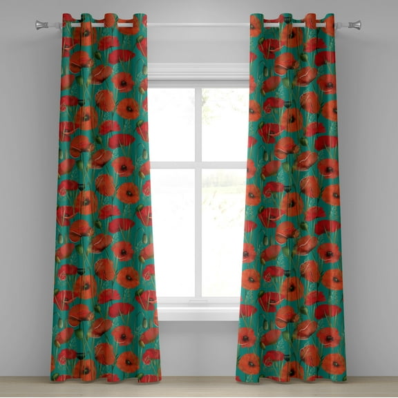 Ambesonne Poppy Grommet Curtain, Retro Meadow Flowers Romance, 50"x120", Teal Burnt Orange and Green