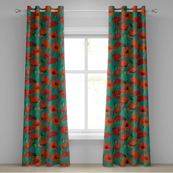 Ambesonne Poppy Grommet Curtain, Retro Meadow Flowers Romance, 50"x84", Teal Burnt Orange and Green
