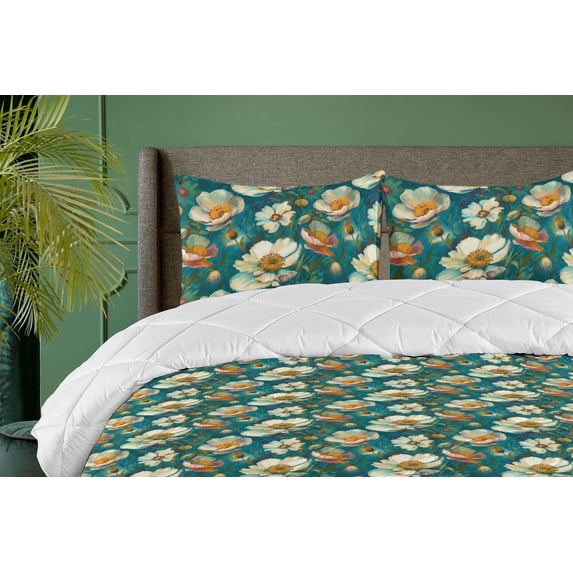 Ambesonne Poppy Pattern Down Alternative Quilt Comforter, Boho Tropical Floral, Full, Teal Apricot Pale Green