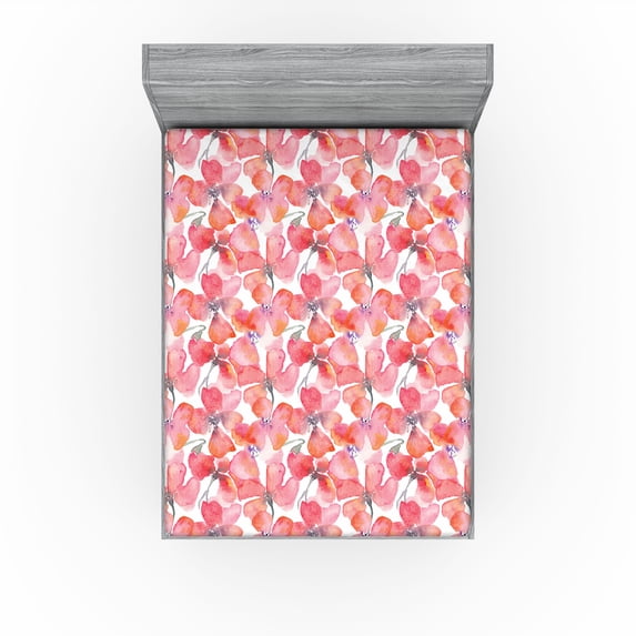 Ambesonne Poppy Pattern Fitted Sheet, Art Watercolor Floral, King Size, Dark Coral Pale Pink