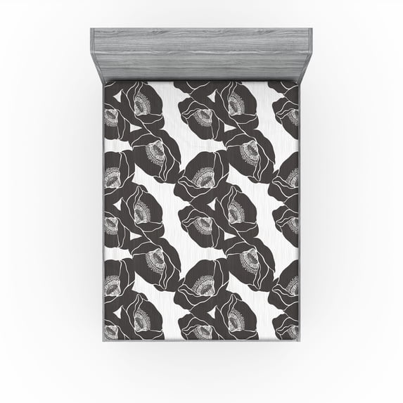 Ambesonne Poppy Pattern Fitted Sheet, Modern Floral Neutral, King Size, Dimgray Coconut