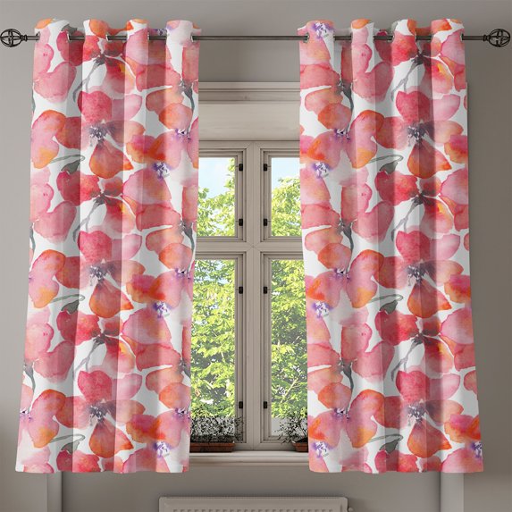 Ambesonne Poppy Pattern Grommet Curtain, Art Watercolor Floral, 50"x63", Dark Coral Pale Pink