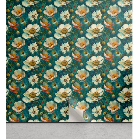 Ambesonne Poppy Pattern Peel & Stick Wallpaper for Home, Boho Tropical Floral, 13"x36", Teal Apricot Pale Green