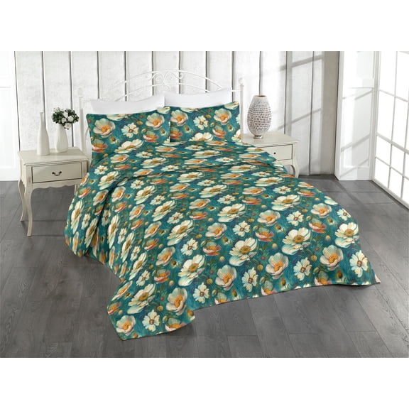 Ambesonne Poppy Pattern Quilted Bedspread Set 3 Pcs, Boho Tropical Floral, Queen, Teal Apricot Pale Green