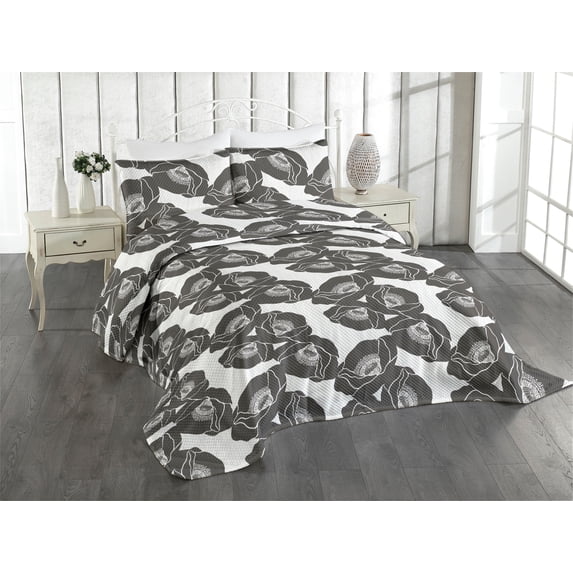 Ambesonne Poppy Pattern Quilted Coverlet 2 Pcs, Modern Floral Neutral, Twin Size, Dimgray Coconut