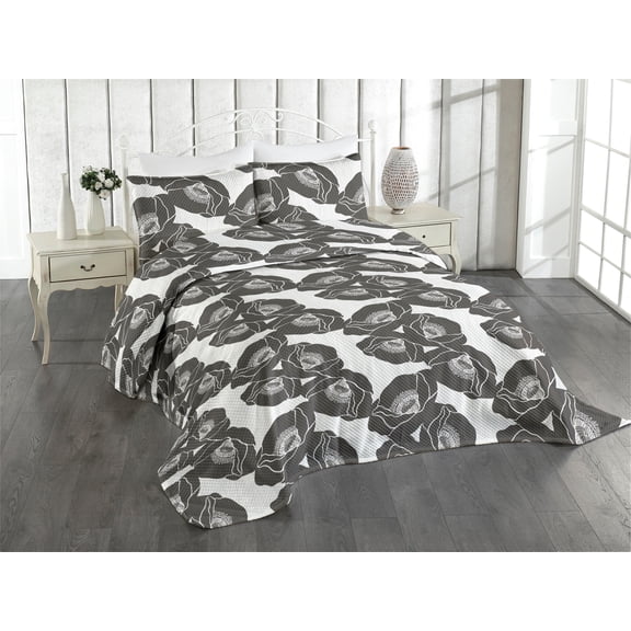 Ambesonne Poppy Pattern Quilted Coverlet 3 Pcs, Modern Floral Neutral, King Size, Dimgray Coconut