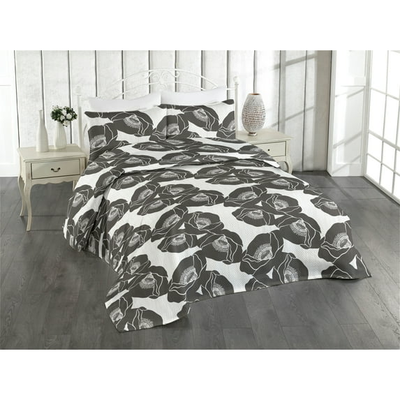 Ambesonne Poppy Pattern Quilted Coverlet 3 Pcs, Modern Floral Neutral, Queen Size, Dimgray Coconut