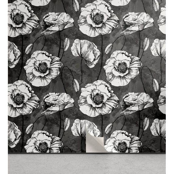 Ambesonne, Poppy Peel & Stick Wallpaper for Home, Blossoming Vintage Poppies, 13"x100", Grey Black White