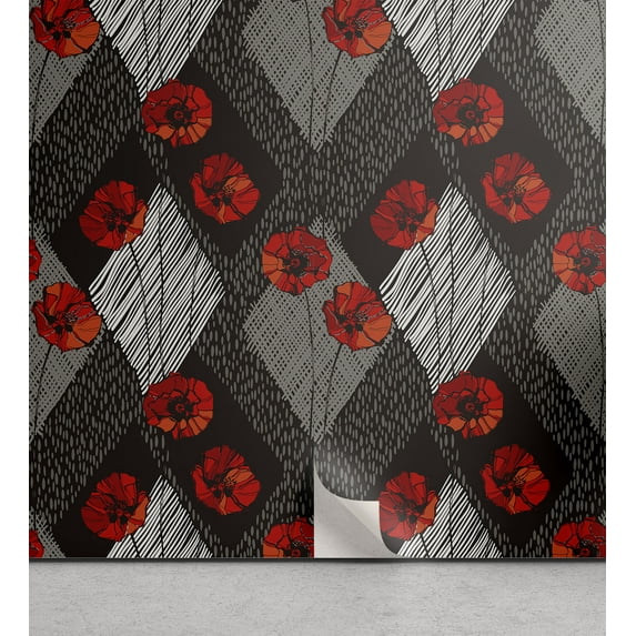 Ambesonne Poppy Peel & Stick Wallpaper for Home, Boho Abstract Flowers Neutral, 13"x72", Dark Coral Pale Grey