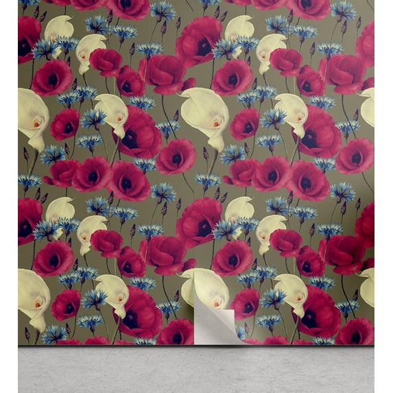 Ambesonne, Poppy Peel & Stick Wallpaper for Home, Floral Composition Garden, 13"x72", Pale Yellow Magenta