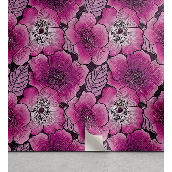 Ambesonne Poppy Peel & Stick Wallpaper for Home, Retro Colors Flowers Dreamy, 13"x72", Pale Fuchsia and Soft Pink