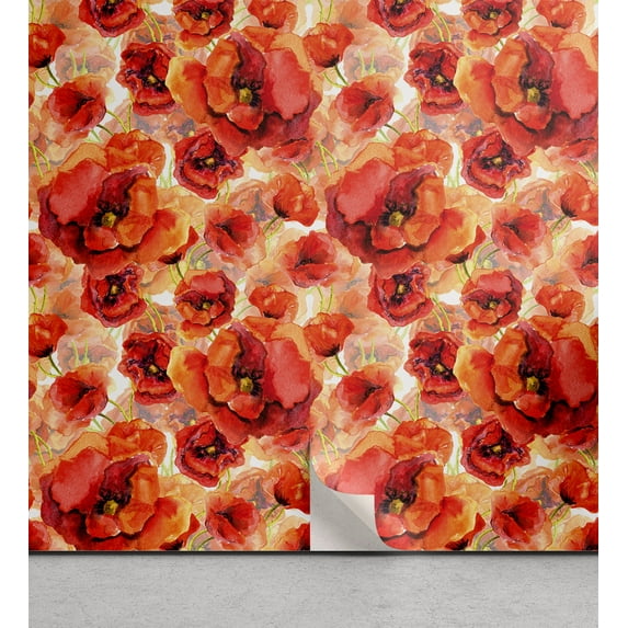 Ambesonne Poppy Peel & Stick Wallpaper for Home, Watercolor Romance Flowers, 13"x100", Dark Coral Vermilion