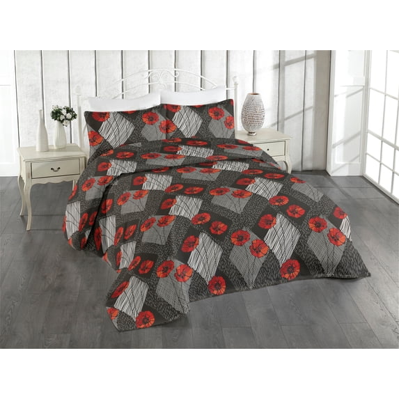 Ambesonne Poppy Quilted Bedspread Set 3 Pcs, Boho Abstract Flowers Neutral, Twin, Dark Coral Pale Grey