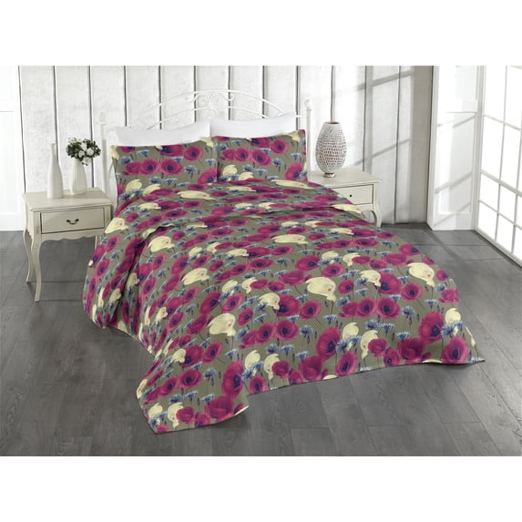 Ambesonne Poppy Quilted Bedspread Set 3 Pcs, Floral Composition Garden, King, Pale Yellow Magenta