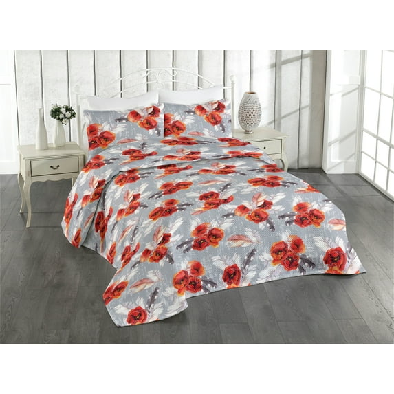 Ambesonne Poppy Quilted Bedspread Set 3 Pcs, Vintage Boho Feathers Flowers, Twin, Vermilion and Taupe Grey