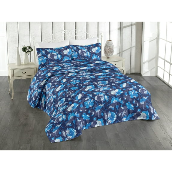 Ambesonne Poppy Quilted Bedspread Set 3 Pcs, Winter Colors Floral Scene, Twin, Sky Blue Ceil Blue Quartz