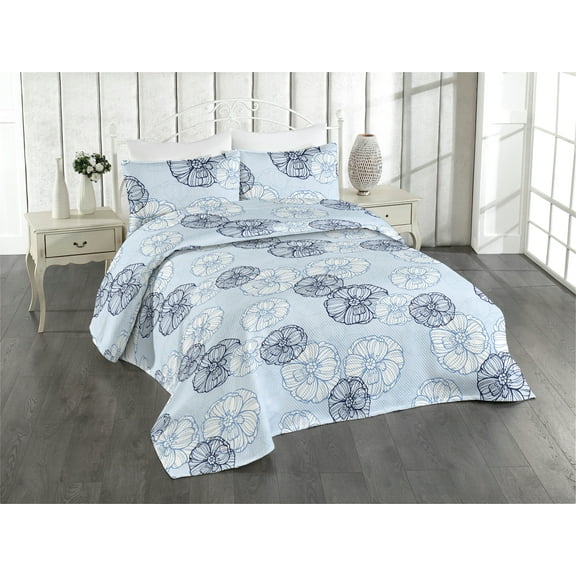 Ambesonne Poppy Quilted Bedspread Set 3 Pcs, Winter Meadow Flowers Modern, King, Pale Azure Blue White