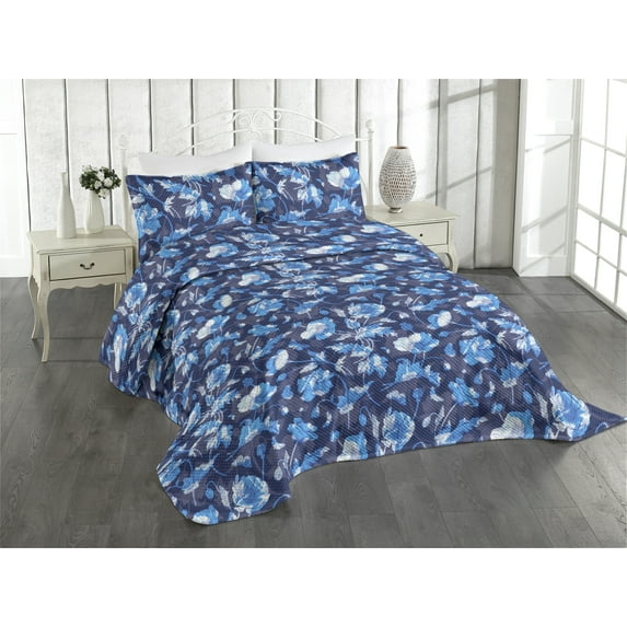 Ambesonne Poppy Quilted Coverlet 2 Pcs, Winter Colors Floral Scene, Twin Size, Sky Blue Ceil Blue Quartz