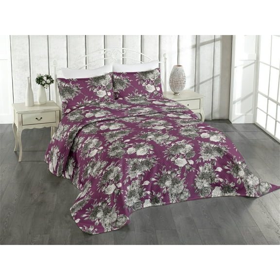 Ambesonne Poppy Quilted Coverlet 3 Pcs, Nostalgic Monochrome Floral, King Size, Taupe Grey Dark Magenta