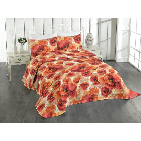Ambesonne Poppy Quilted Coverlet 3 Pcs, Watercolor Romance Flowers, Queen Size, Dark Coral Vermilion