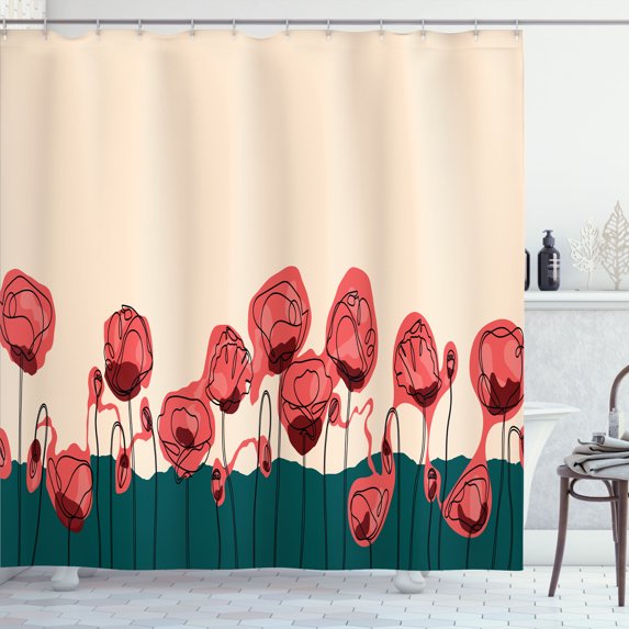 Ambesonne Poppy Shower Curtain, Oversimplified Red Flowers, 69"Wx70"L, Coral Dark Teal