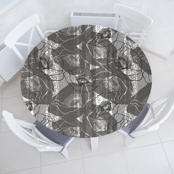 Ambesonne Poppy Silhouettes Fitted Round Tablecloth, Floral Grunge Art, 45"- 56" Diameter, Pale Grey White