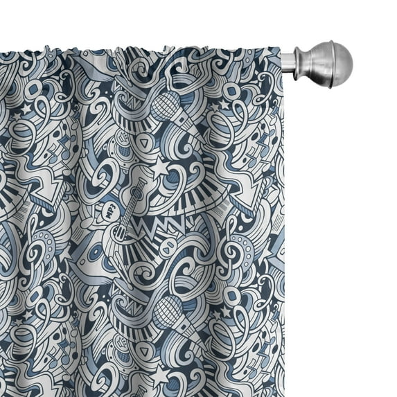 Ambesonne Popstar Party Curtains, Music Doodle Art, Pair of 28"x63", Blue Dark Blue White