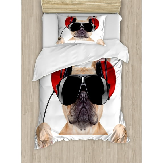 Ambesonne Popstar Party Duvet Cover Set, DJ Bulldog Music, Twin, Pale Brown Black Red