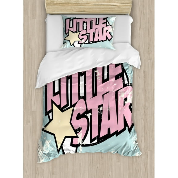 Ambesonne Popstar Party Duvet Cover Set, Grunge Retro Star, Twin, Pale Pink Pale Blue