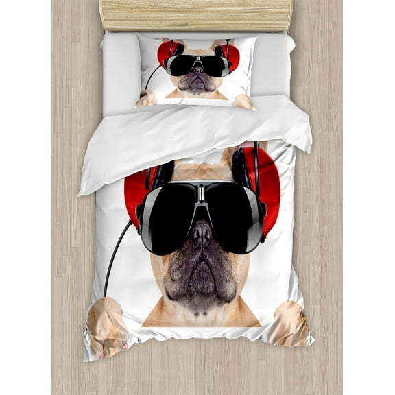 Ambesonne Popstar Party Duvet Cover Sets, DJ Bulldog Music, 2-Twin, Pale Brown Black Red