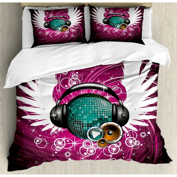 Ambesonne Popstar Party Duvet Cover Sets, Disco Ball Music, 2-King, Magenta Black and Teal