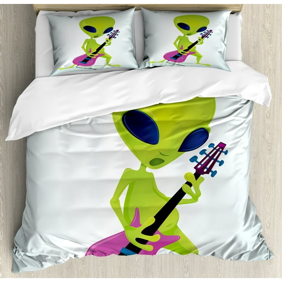 Ambesonne Popstar Party Duvet Cover Sets, Music Monster, 2-King, Apple Green Navy Blue