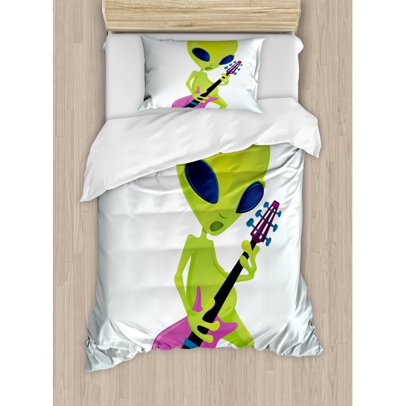 Ambesonne Popstar Party Duvet Cover Sets, Music Monster, 2-Twin, Apple Green Navy Blue