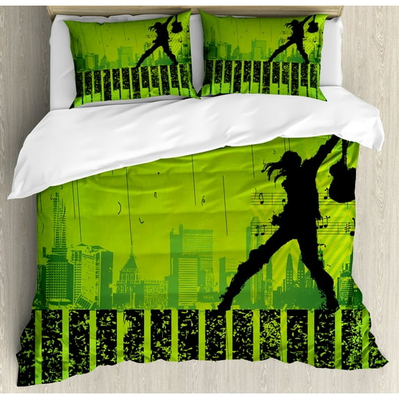 Ambesonne Popstar Party Duvet Cover Sets, Music in the City, 2-King, Lime Green Black
