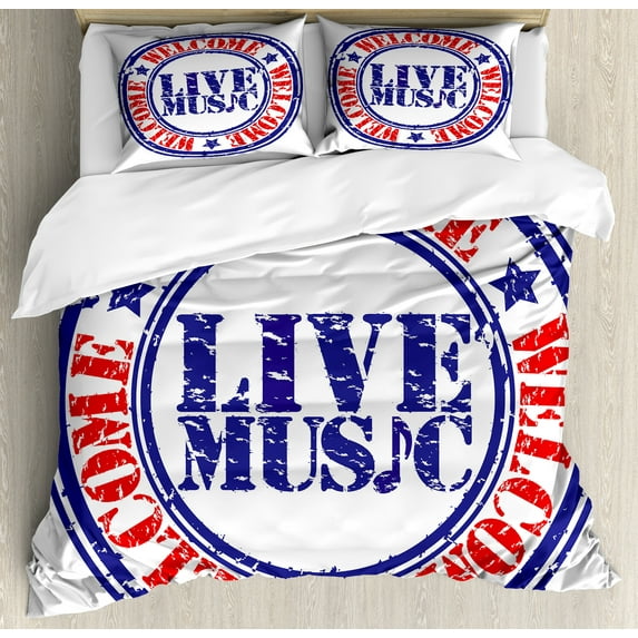 Ambesonne Popstar Party Duvet Cover Sets, Old Rubber Stamp, 2-Queen, Blue Red White