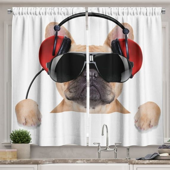 Ambesonne Popstar Party Kitchen Curtains, DJ Bulldog Music, 55"x45", Pale Brown Black Red