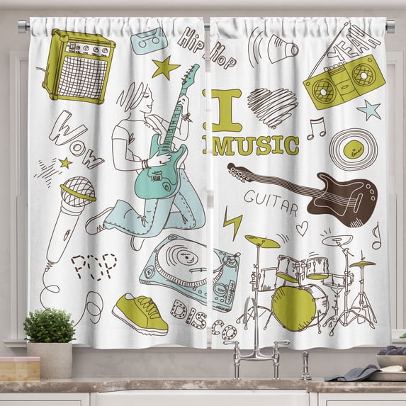 Ambesonne Popstar Party Kitchen Curtains, Love Music Sketch, 55"x39", Khaki Pale Blue Brown